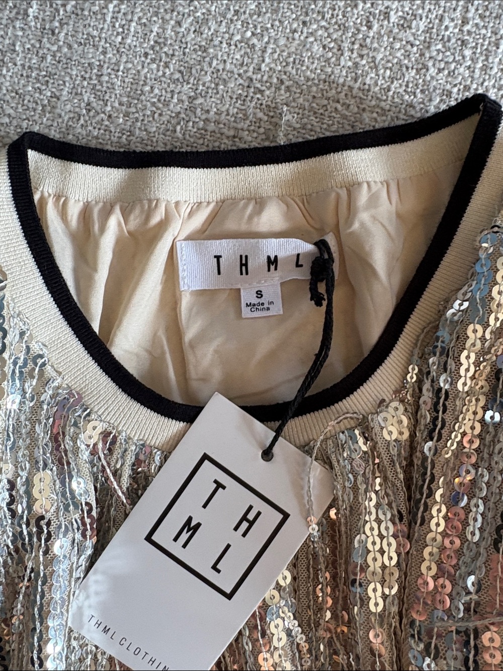 THML Silver Sequin Fringe Short Sleeve Top JH2358-BE Party Shimmer Womens Small - Picture 5 of 8